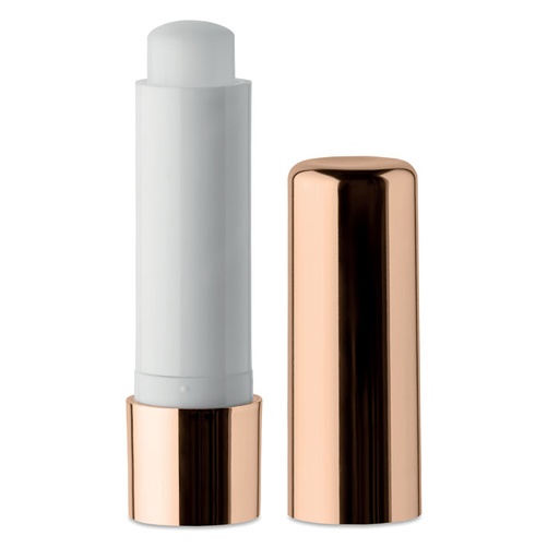 [MG-18449] Burro di cacao stick con finiture metalliche UV. Dermatologicamente testato. SPF10. Sapore: Vaniglia. con logo un colore